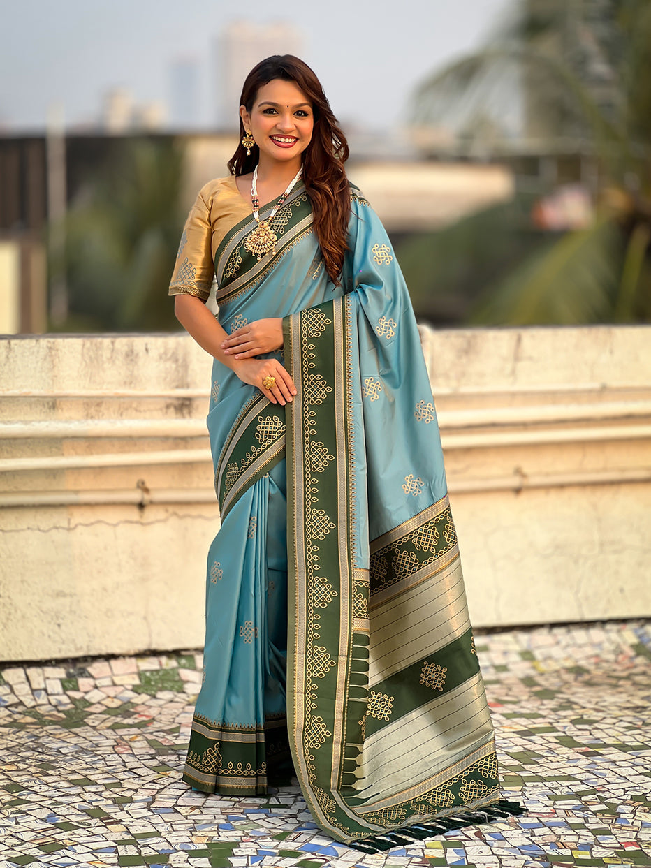 Baby Blue Soft Silk Traditional Zari Contrast Soft Silk Saree