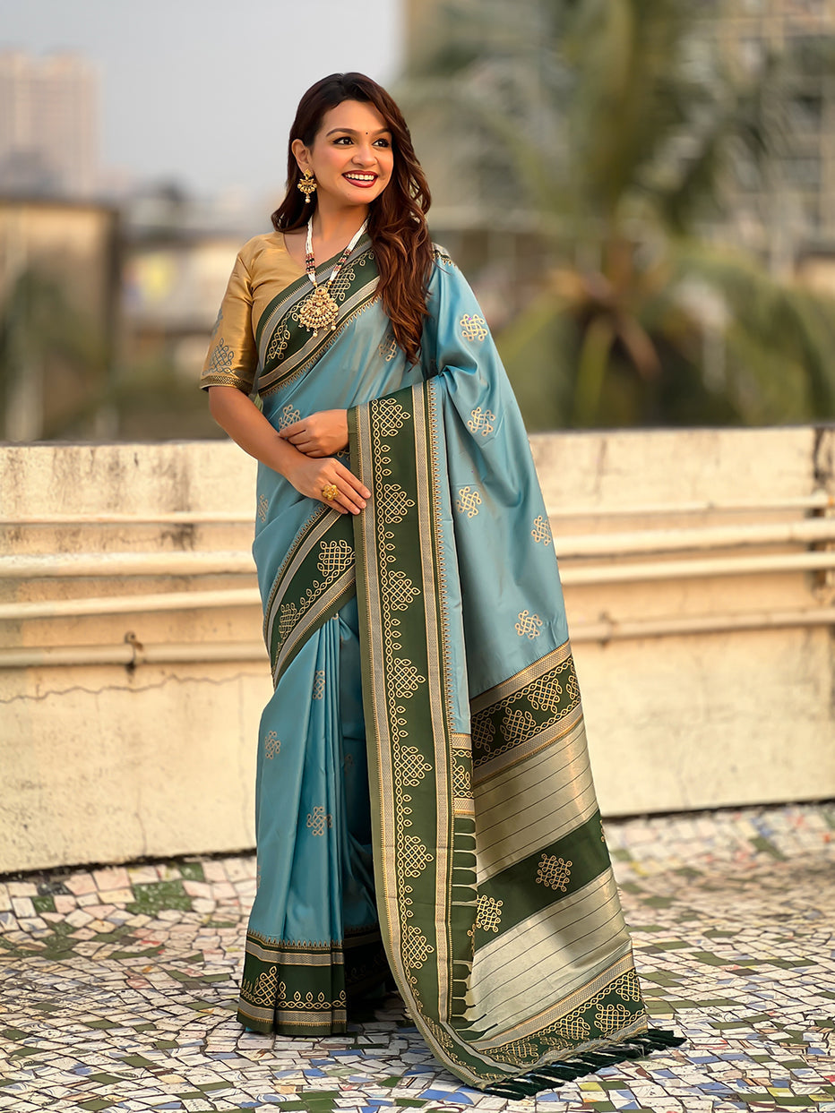 Baby Blue Soft Silk Traditional Zari Contrast Soft Silk Saree