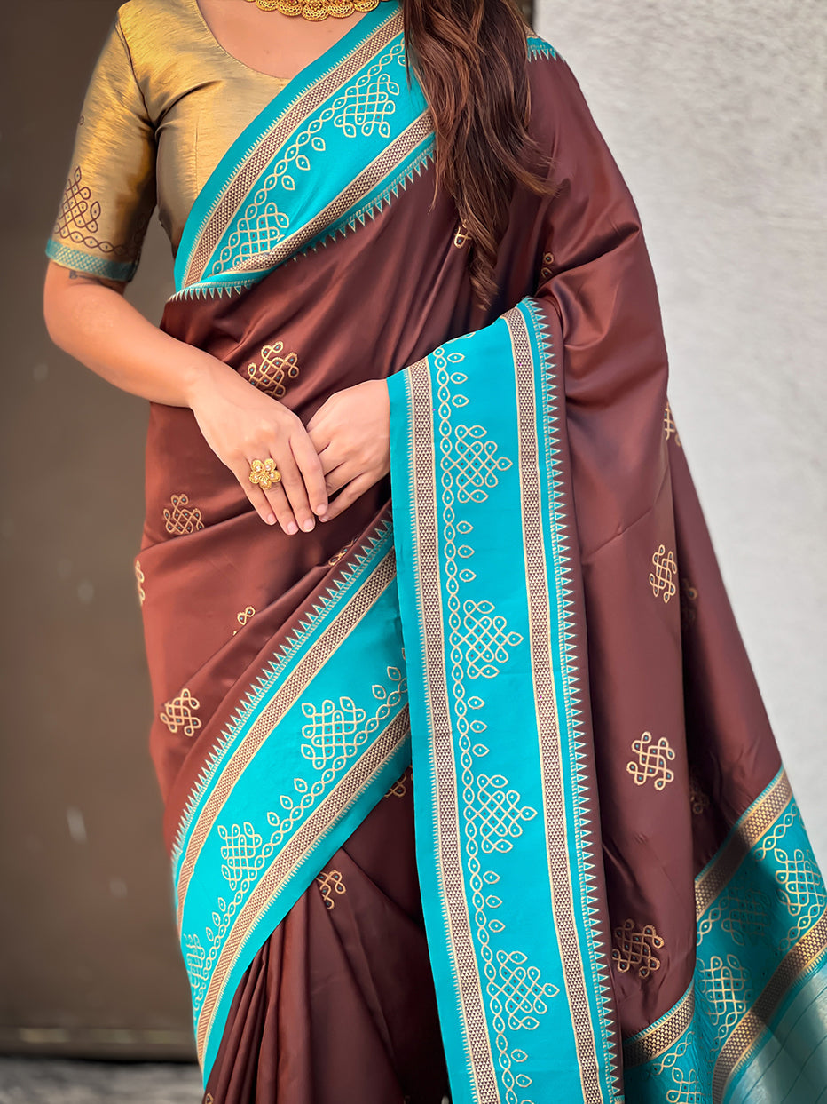 Coffee Soft Silk Traditional Zari Contrast Soft Silk Saree