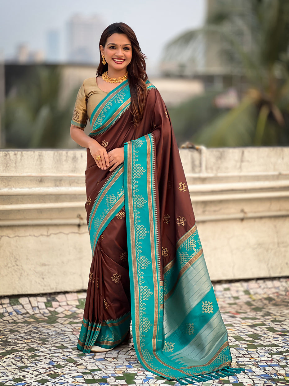 Coffee Soft Silk Traditional Zari Contrast Soft Silk Saree