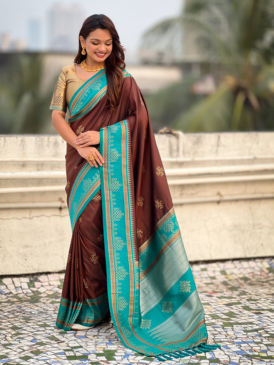 Coffee Soft Silk Traditional Zari Contrast Soft Silk Saree
