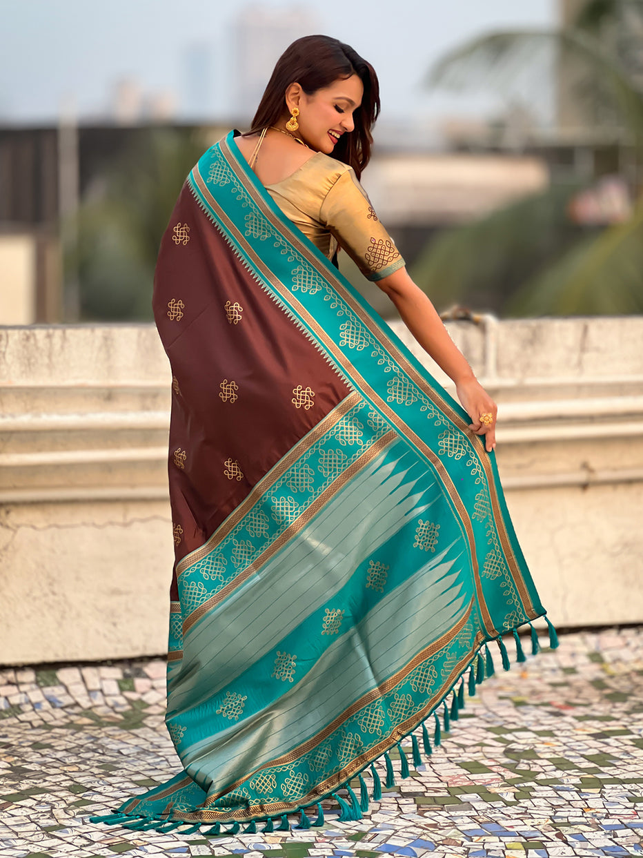 Coffee Soft Silk Traditional Zari Contrast Soft Silk Saree