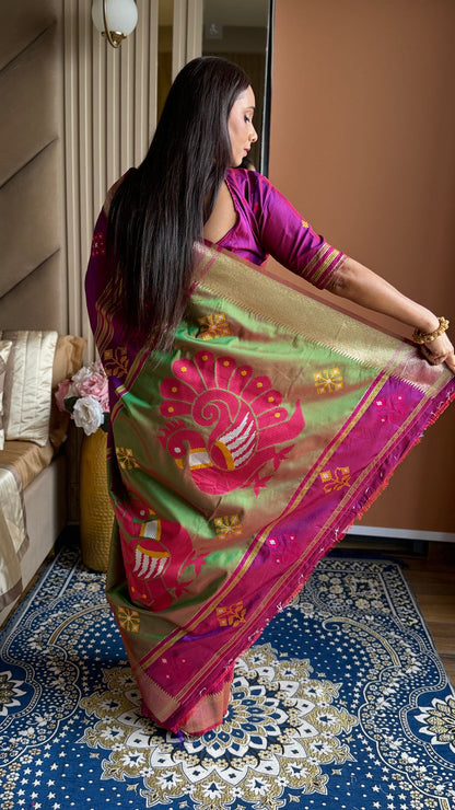 Magenta Soft Silk Ikkat Zari Patola Soft Silk Saree