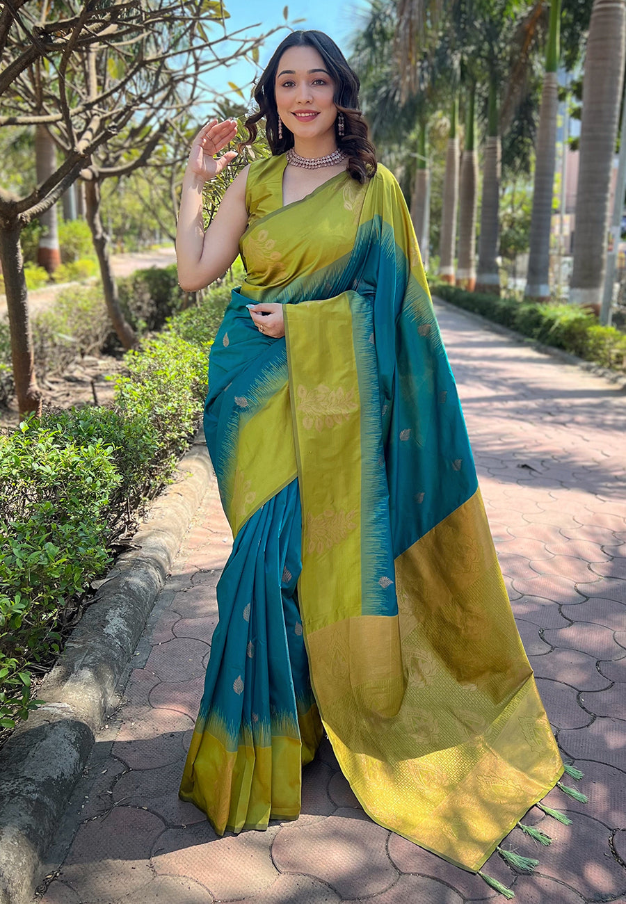 Sea Blue Soft Silk Floral Border Contrast Zari Soft Silk Saree
