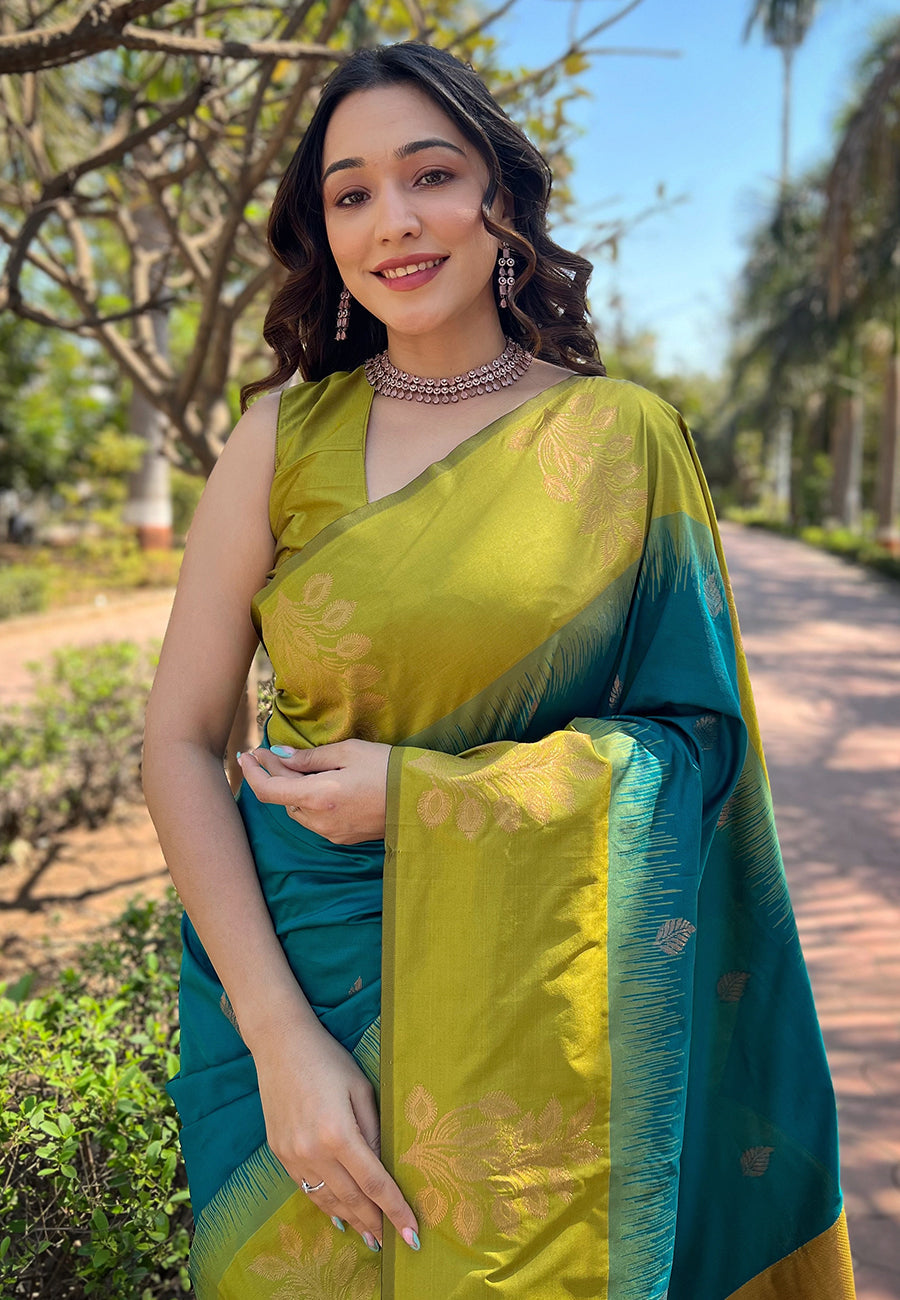 Sea Blue Soft Silk Floral Border Contrast Zari Soft Silk Saree