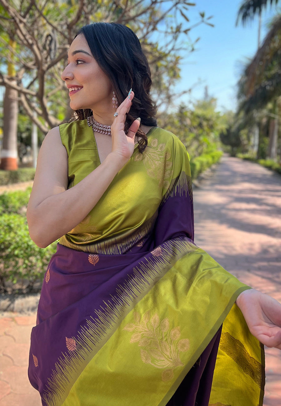 Wine Soft Silk Floral Border Contrast Zari Soft Silk Saree