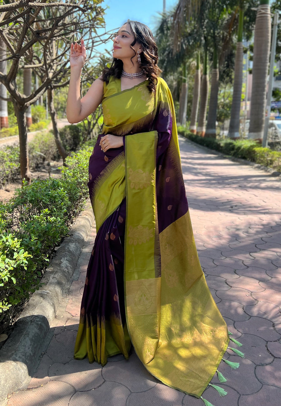 Wine Soft Silk Floral Border Contrast Zari Soft Silk Saree