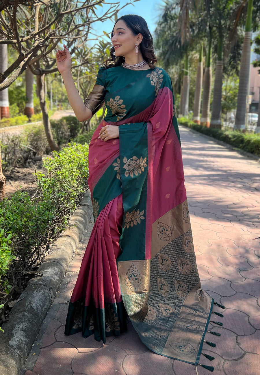 Reddish Pink Soft Silk Floral Border Contrast Zari Soft Silk Saree