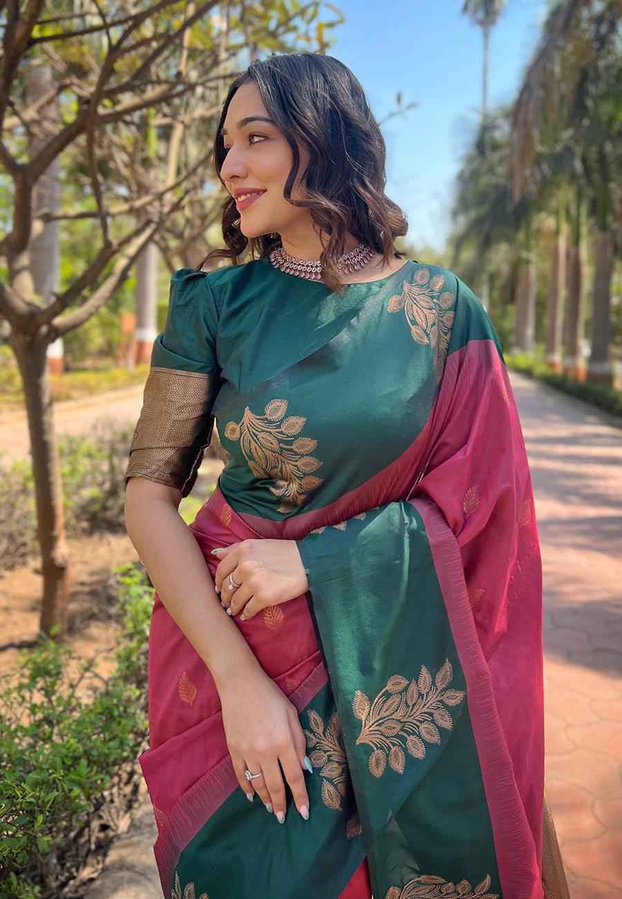 Reddish Pink Soft Silk Floral Border Contrast Zari Soft Silk Saree