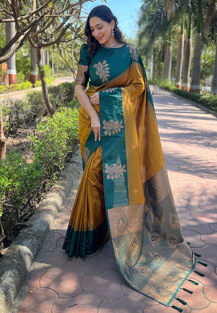 Luxor Gold Soft Silk Floral Border Contrast Zari Soft Silk Saree