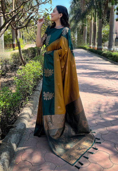 Luxor Gold Soft Silk Floral Border Contrast Zari Soft Silk Saree