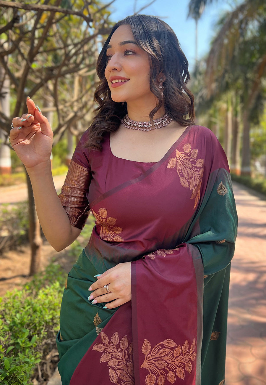 Bottle Green Soft Silk Floral Border Contrast Zari Soft Silk Saree