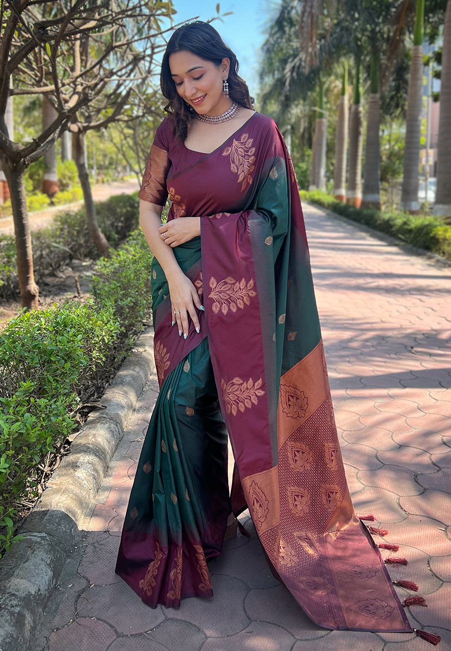 Bottle Green Soft Silk Floral Border Contrast Zari Soft Silk Saree