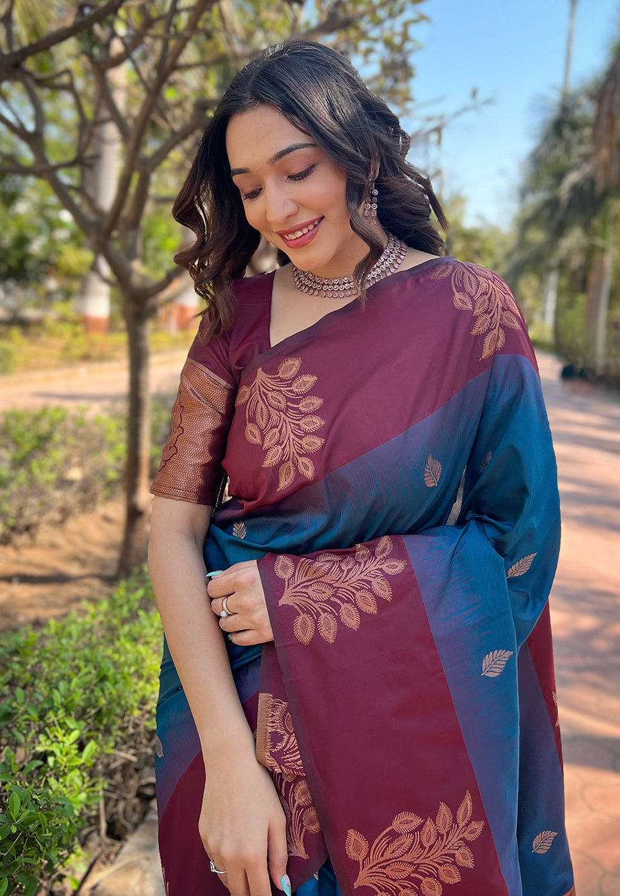 Peacock Blue Soft Silk Floral Border Contrast Zari Soft Silk Saree