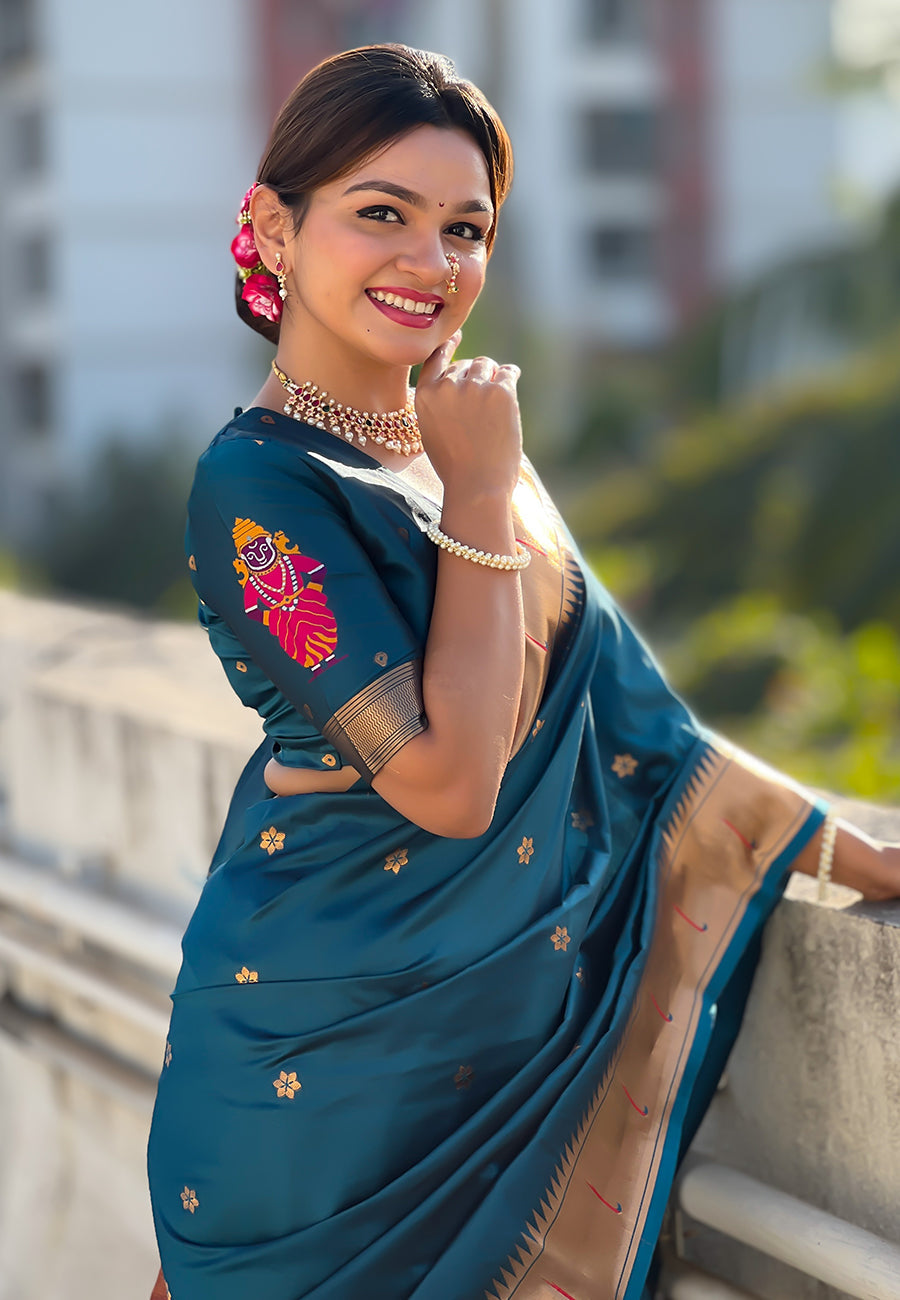Denim Blue Zari Woven Vitthala God Special Paithani Silk Saree