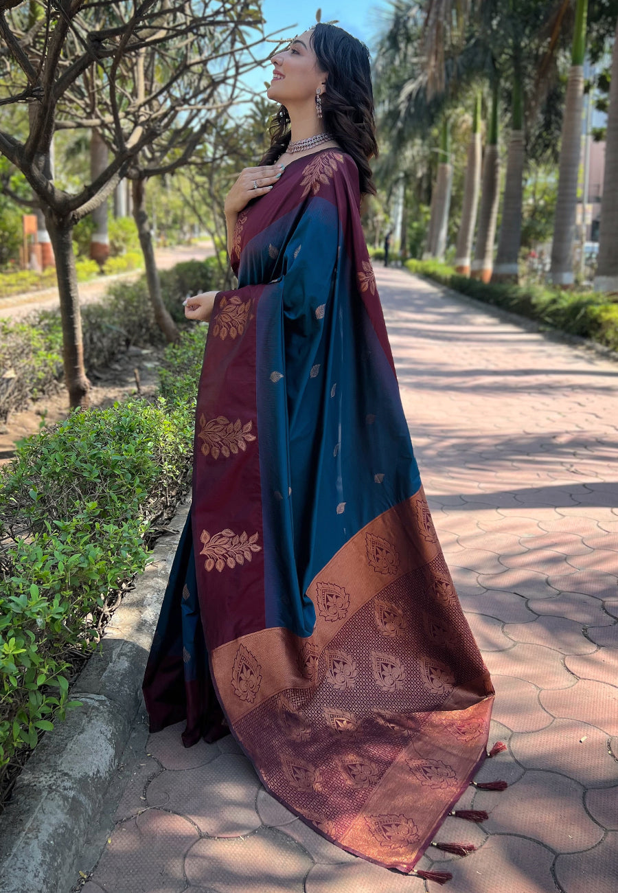 Peacock Blue Soft Silk Floral Border Contrast Zari Soft Silk Saree