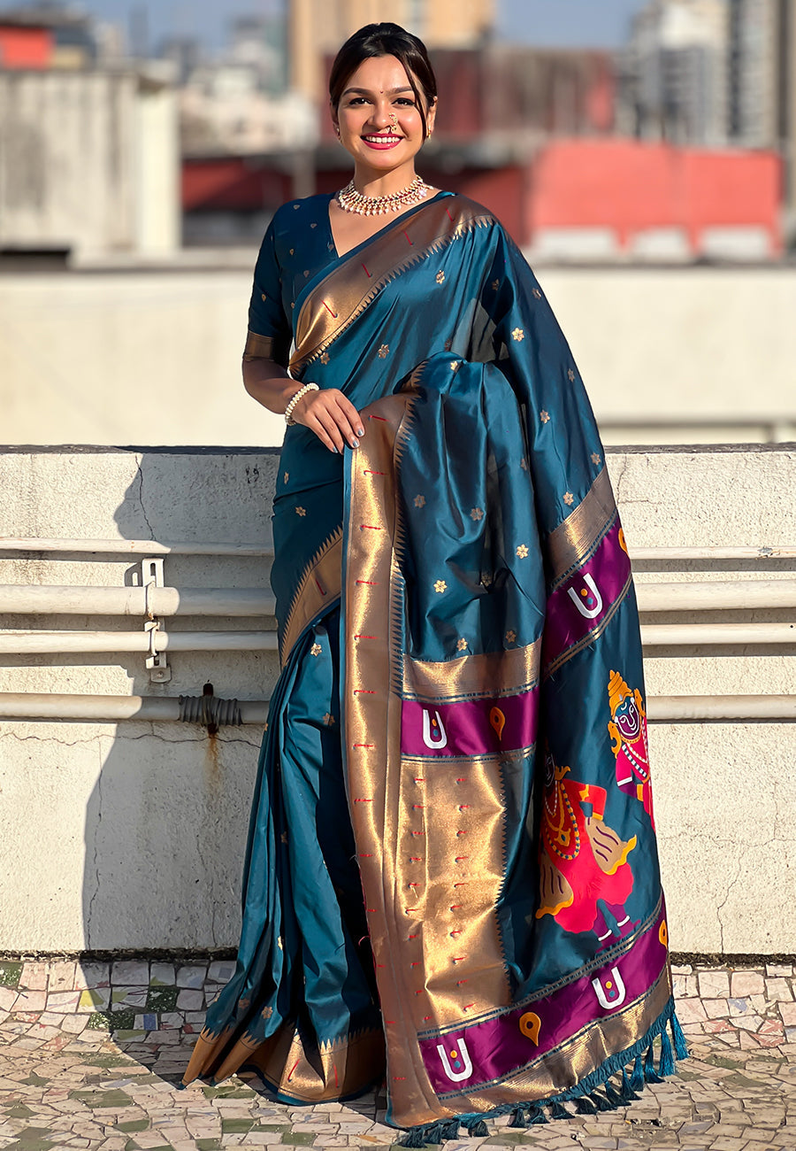Denim Blue Zari Woven Vitthala God Special Paithani Silk Saree Banarasi Silk Saree Anant Tex Exports Pvt.Ltd..