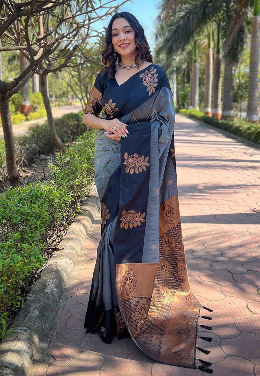 Grey Soft Silk Floral Border Contrast Zari Soft Silk Saree