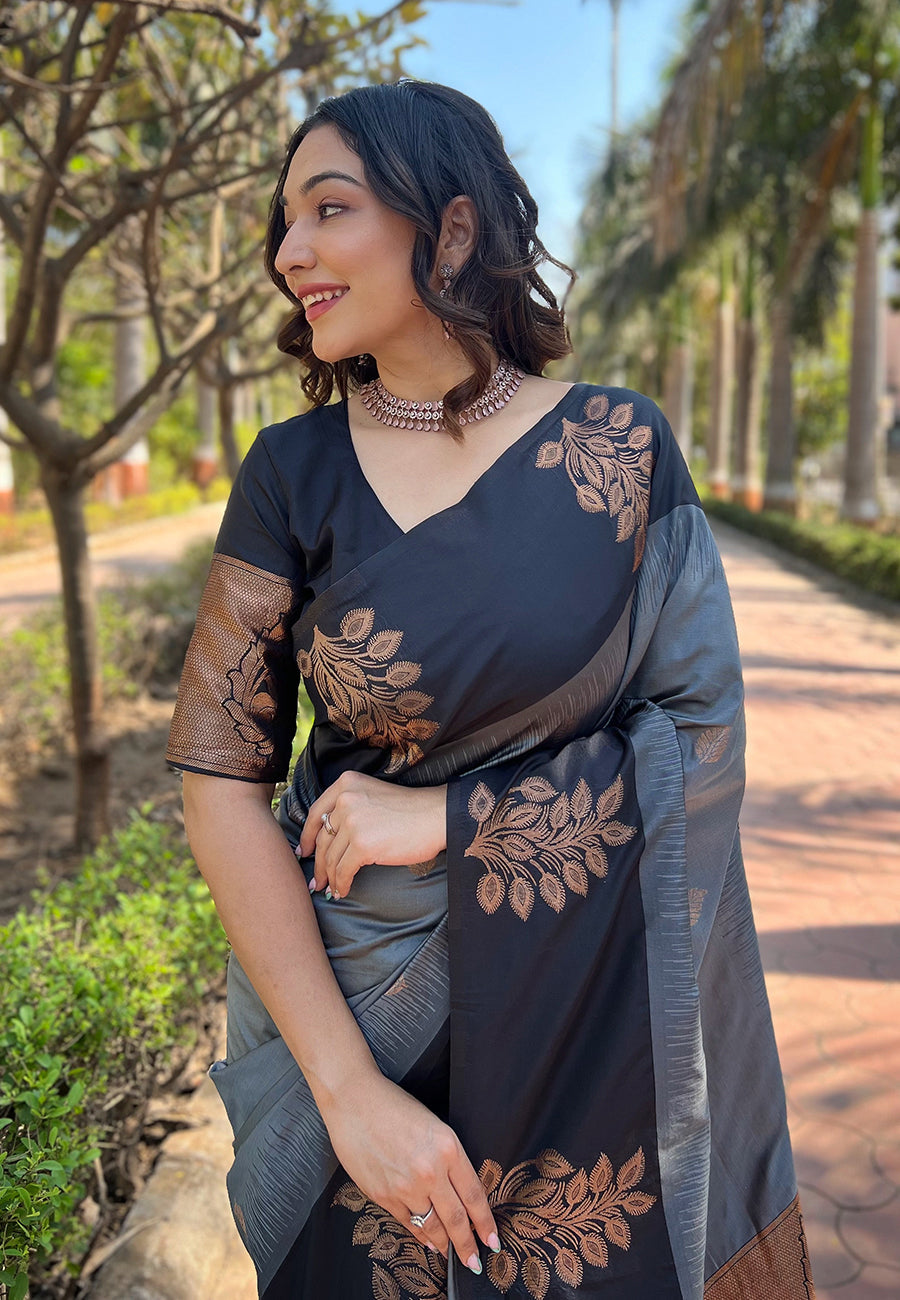Grey Soft Silk Floral Border Contrast Zari Soft Silk Saree
