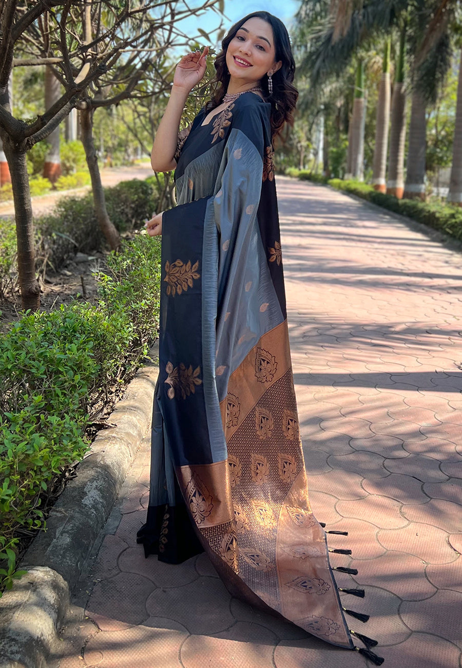 Grey Soft Silk Floral Border Contrast Zari Soft Silk Saree