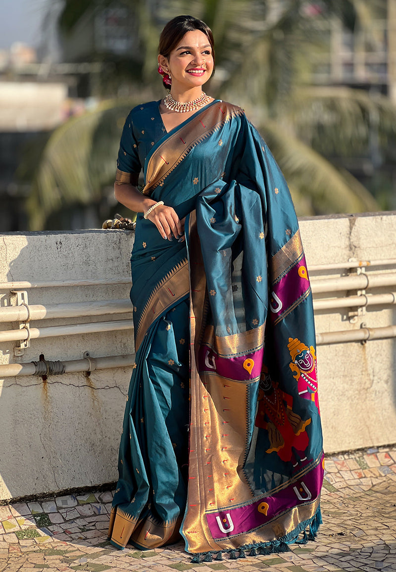 Denim Blue Zari Woven Vitthala God Special Paithani Silk Saree