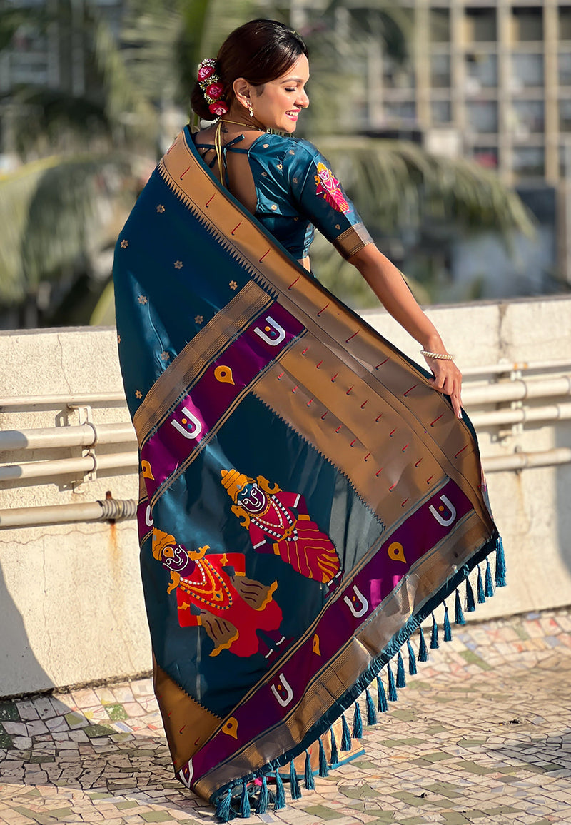Denim Blue Zari Woven Vitthala God Special Paithani Silk Saree