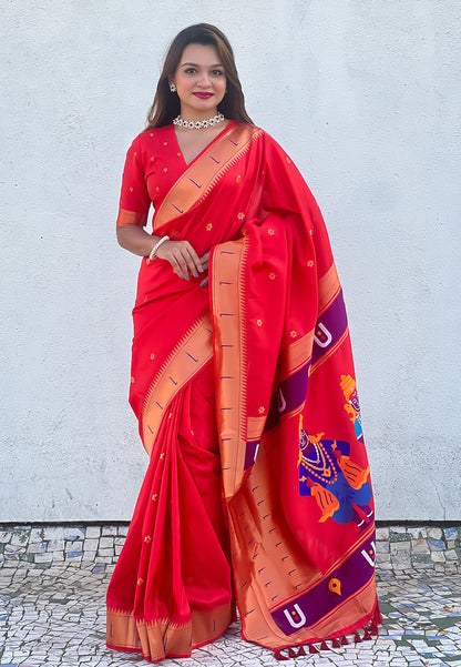 Red Zari Woven Vitthala God Special Paithani Silk Saree Banarasi Silk Saree Anant Tex Exports Pvt.Ltd..