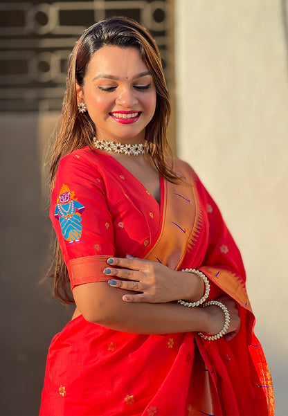 Red Zari Woven Vitthala God Special Paithani Silk Saree Banarasi Silk Saree Anant Tex Exports Pvt.Ltd..