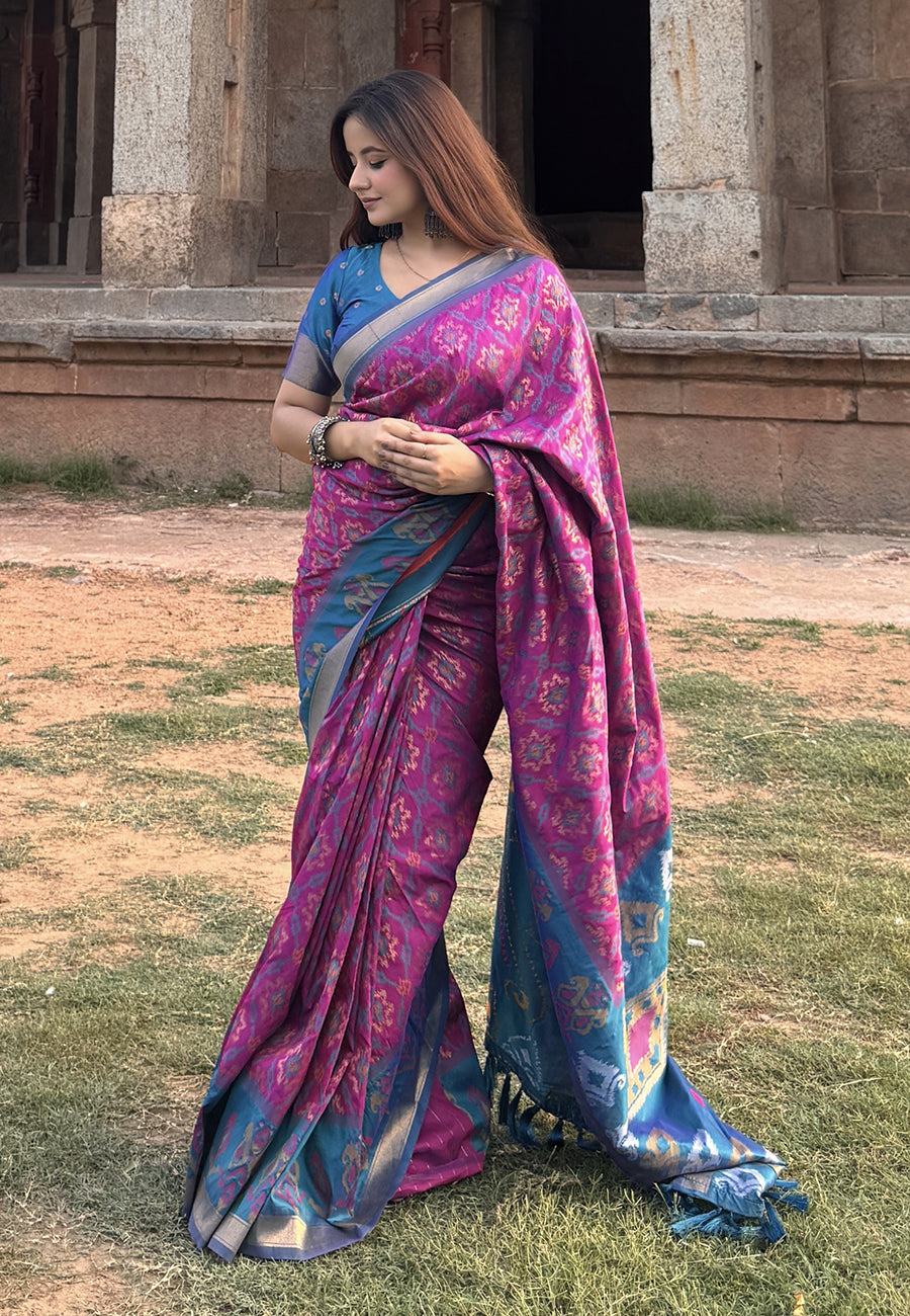 Himanshi in our Wine Soft Silk Zari Woven Patola Saree