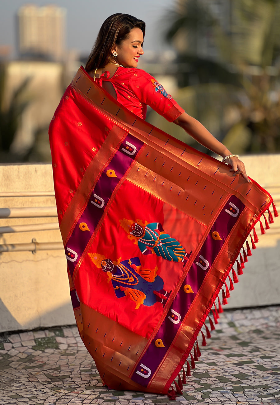 Red Zari Woven Vitthala God Special Paithani Silk Saree Banarasi Silk Saree Anant Tex Exports Pvt.Ltd..