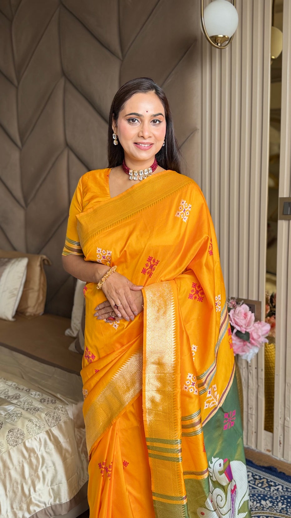 Orange Soft Silk Ikkat Zari Patola Soft Silk Saree
