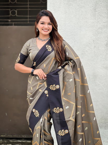 Grey Soft Silk Dusty Concept Zig Zag Zari Woven Saree Soft Silk Saree Anant Tex Exports Pvt.Ltd..