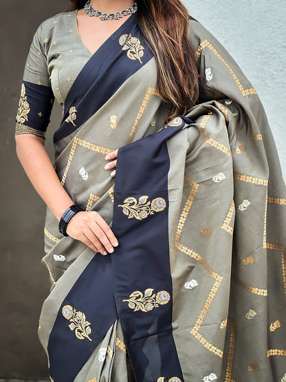 Grey Soft Silk Dusty Concept Zig Zag Zari Woven Saree Soft Silk Saree Anant Tex Exports Pvt.Ltd..