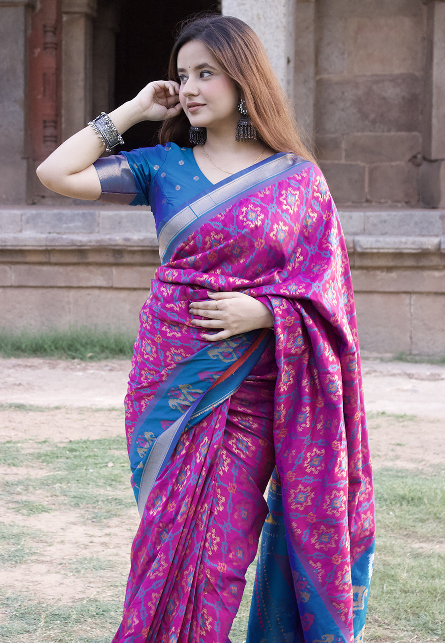 Himanshi in our Wine Soft Silk Zari Woven Patola Saree