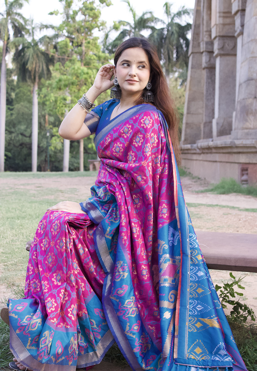 Himanshi in our Wine Soft Silk Zari Woven Patola Saree