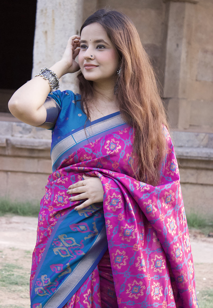 Himanshi in our Wine Soft Silk Zari Woven Patola Saree