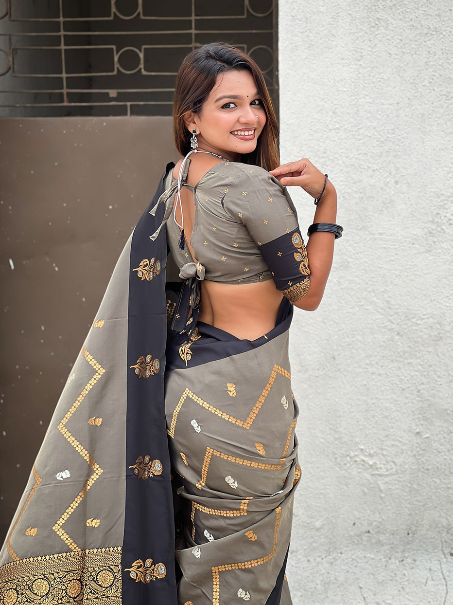 Grey Soft Silk Dusty Concept Zig Zag Zari Woven Saree Soft Silk Saree Anant Tex Exports Pvt.Ltd..