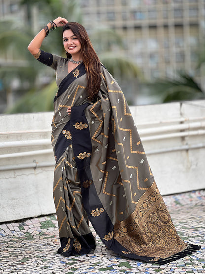 Grey Soft Silk Dusty Concept Zig Zag Zari Woven Saree Soft Silk Saree Anant Tex Exports Pvt.Ltd..