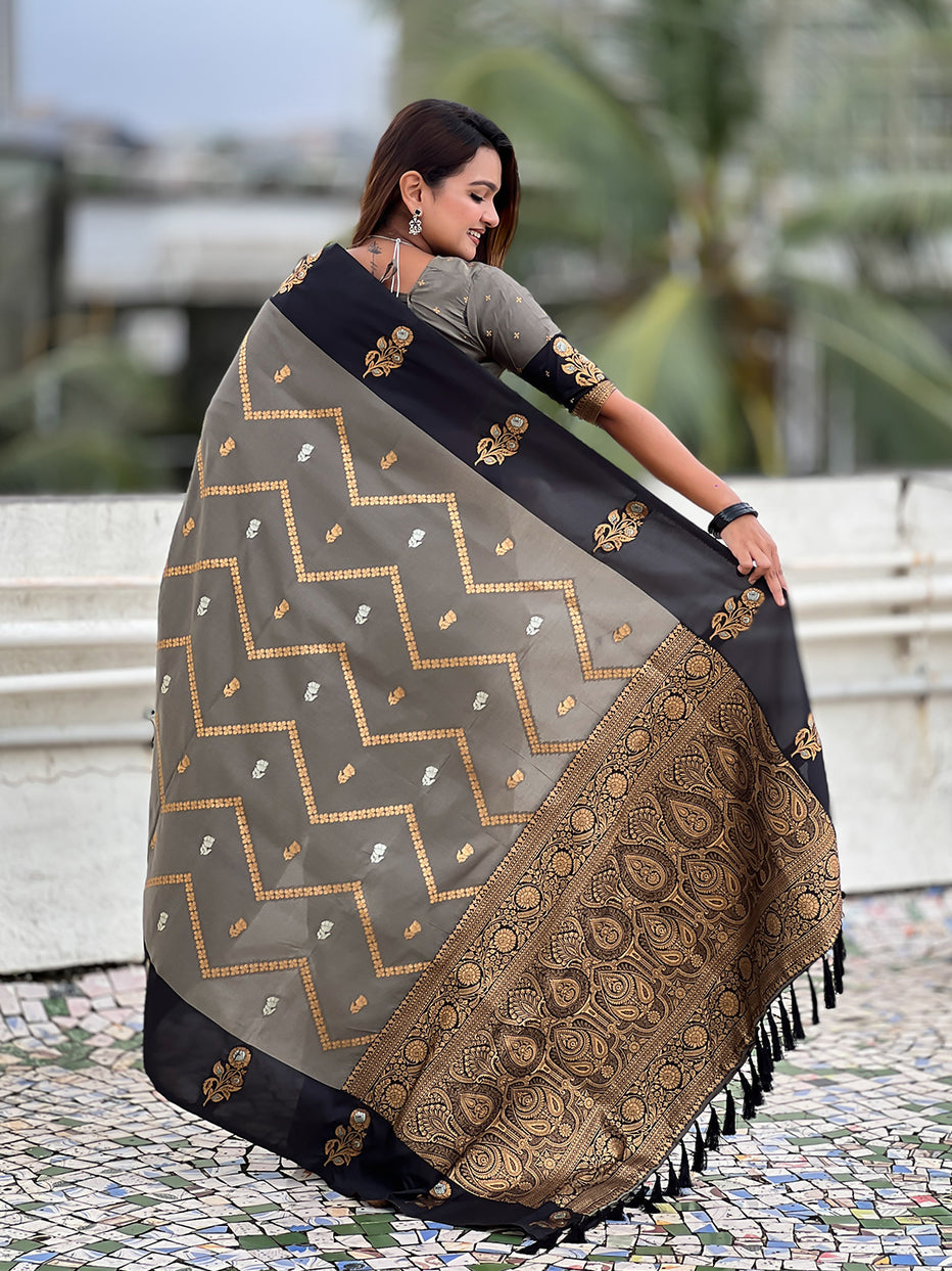 Grey Soft Silk Dusty Concept Zig Zag Zari Woven Saree Soft Silk Saree Anant Tex Exports Pvt.Ltd..