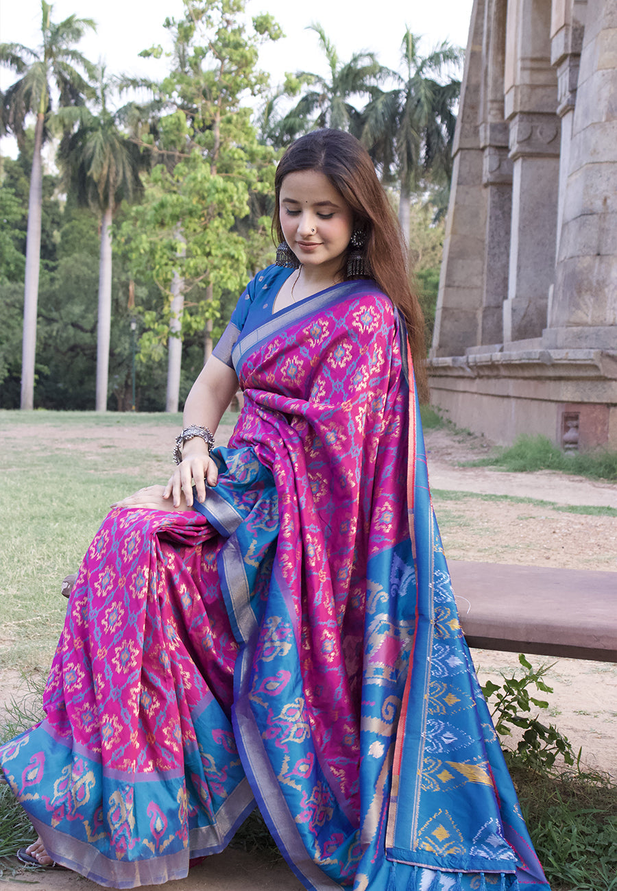 Himanshi in our Wine Soft Silk Zari Woven Patola Saree