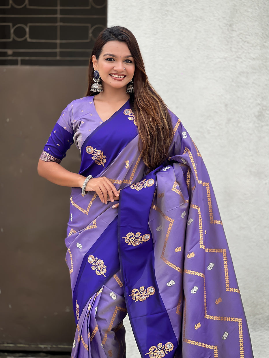 Violet Soft Silk Dusty Concept Zig Zag Zari Woven Saree Soft Silk Saree Anant Tex Exports Pvt.Ltd..