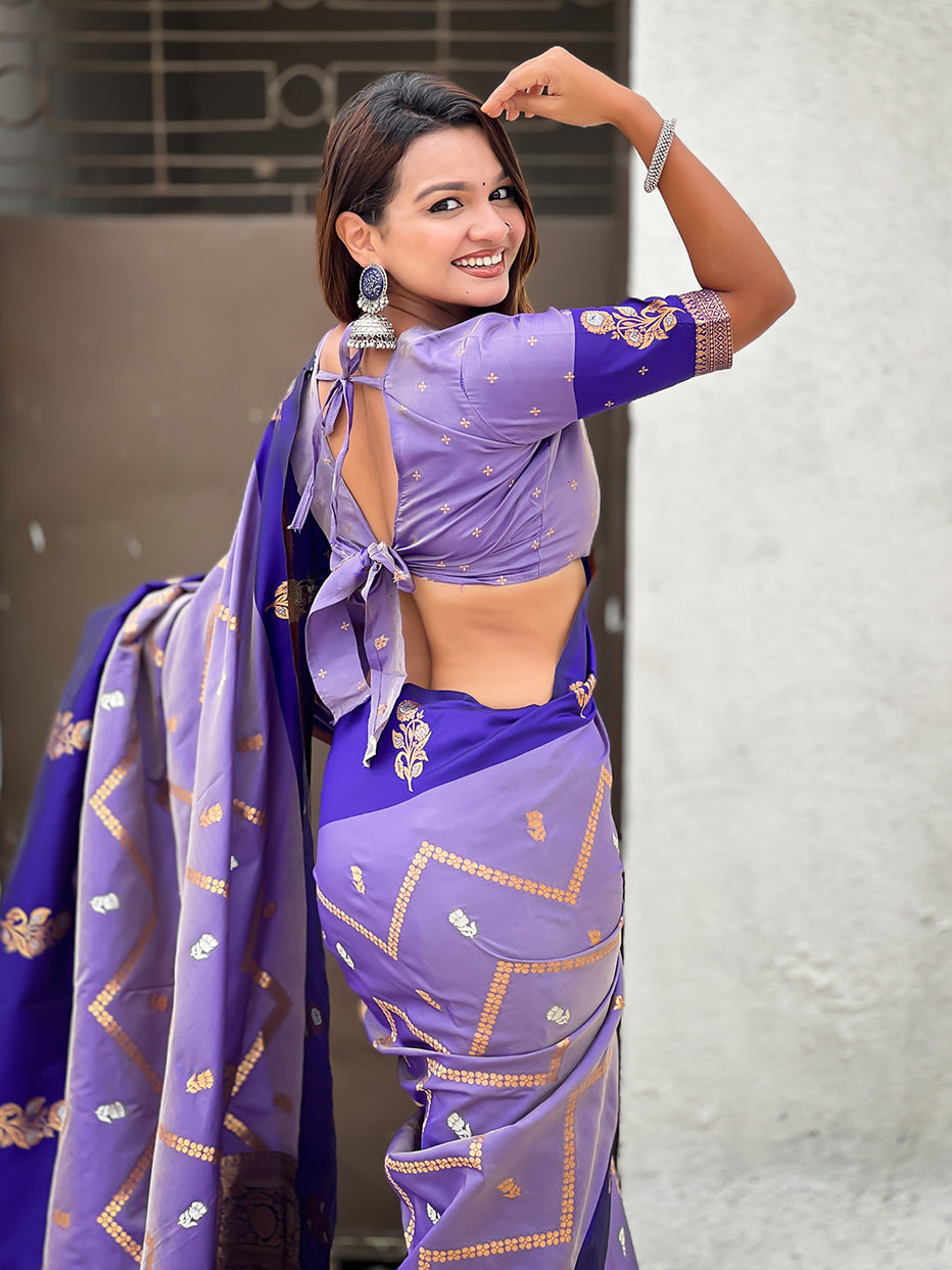 Violet Soft Silk Dusty Concept Zig Zag Zari Woven Saree Soft Silk Saree Anant Tex Exports Pvt.Ltd..