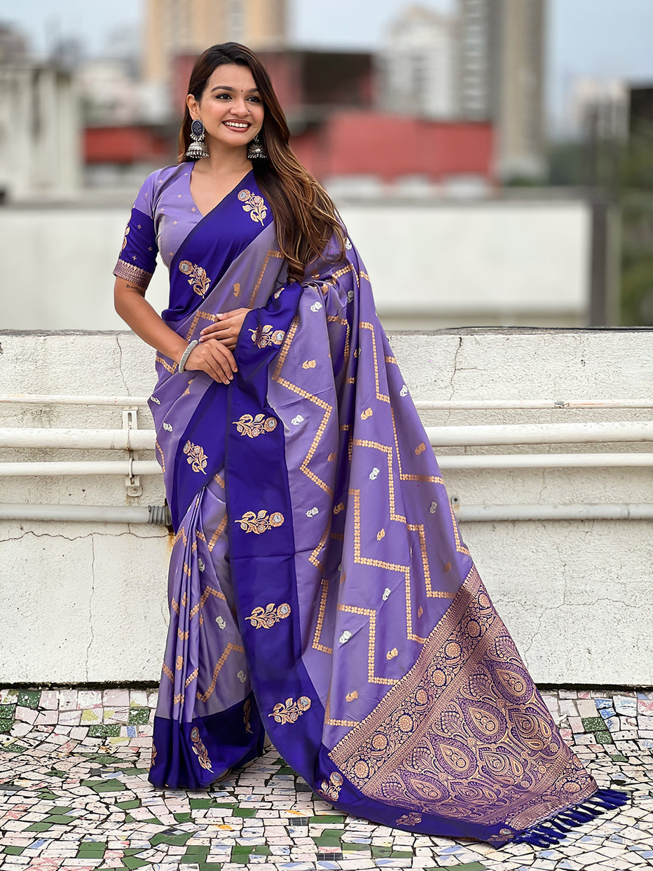 Violet Soft Silk Dusty Concept Zig Zag Zari Woven Saree Soft Silk Saree Anant Tex Exports Pvt.Ltd..