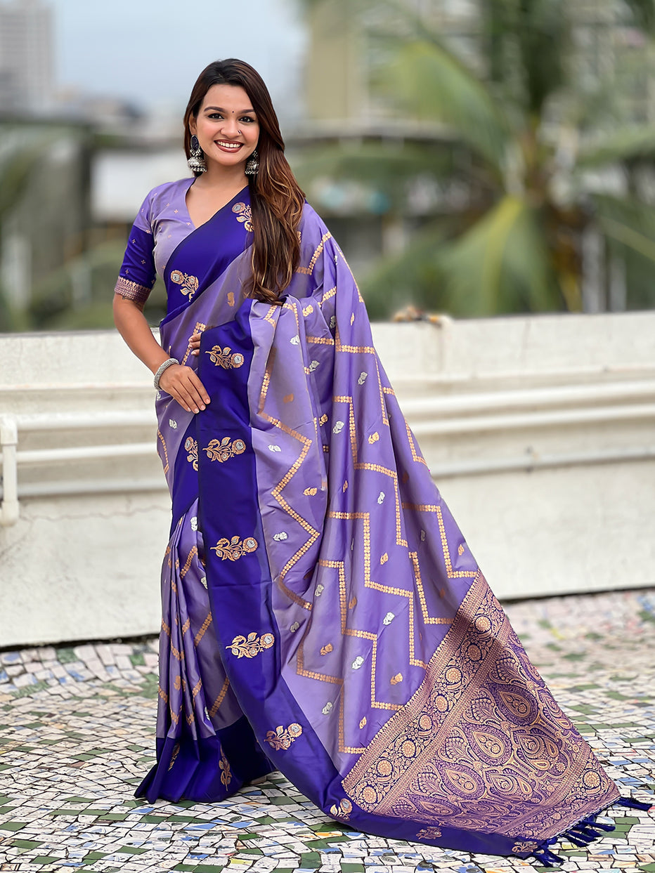 Violet Soft Silk Dusty Concept Zig Zag Zari Woven Saree Soft Silk Saree Anant Tex Exports Pvt.Ltd..