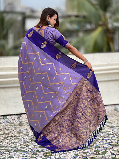Violet Soft Silk Dusty Concept Zig Zag Zari Woven Saree Soft Silk Saree Anant Tex Exports Pvt.Ltd..