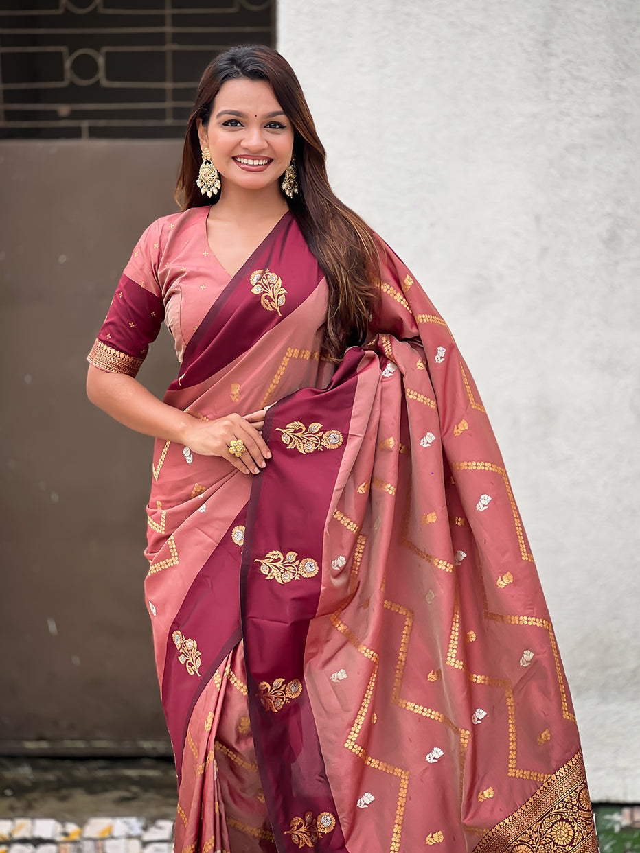 Dusty Pink Soft Silk Dusty Concept Zig Zag Zari Woven Saree Soft Silk Saree Anant Tex Exports Pvt.Ltd..