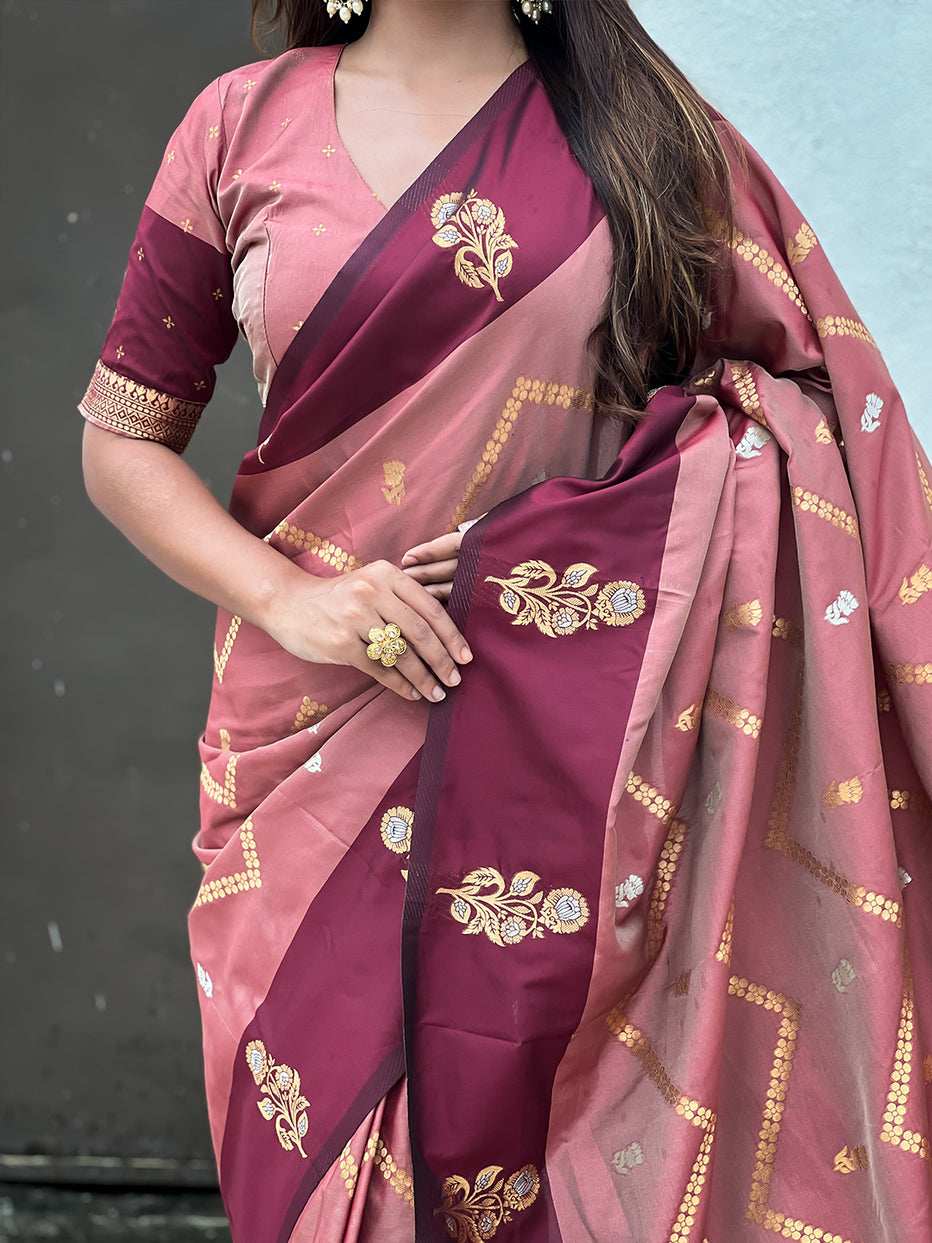 Dusty Pink Soft Silk Dusty Concept Zig Zag Zari Woven Saree Soft Silk Saree Anant Tex Exports Pvt.Ltd..