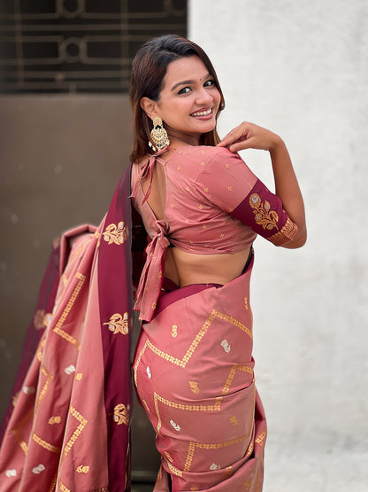 Dusty Pink Soft Silk Dusty Concept Zig Zag Zari Woven Saree Soft Silk Saree Anant Tex Exports Pvt.Ltd..