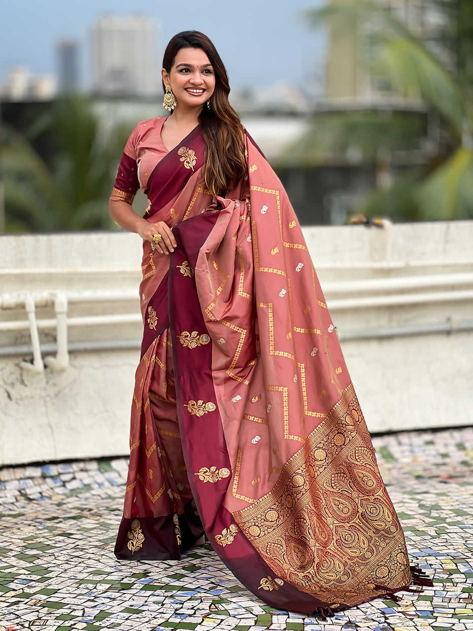 Dusty Pink Soft Silk Dusty Concept Zig Zag Zari Woven Saree Soft Silk Saree Anant Tex Exports Pvt.Ltd..