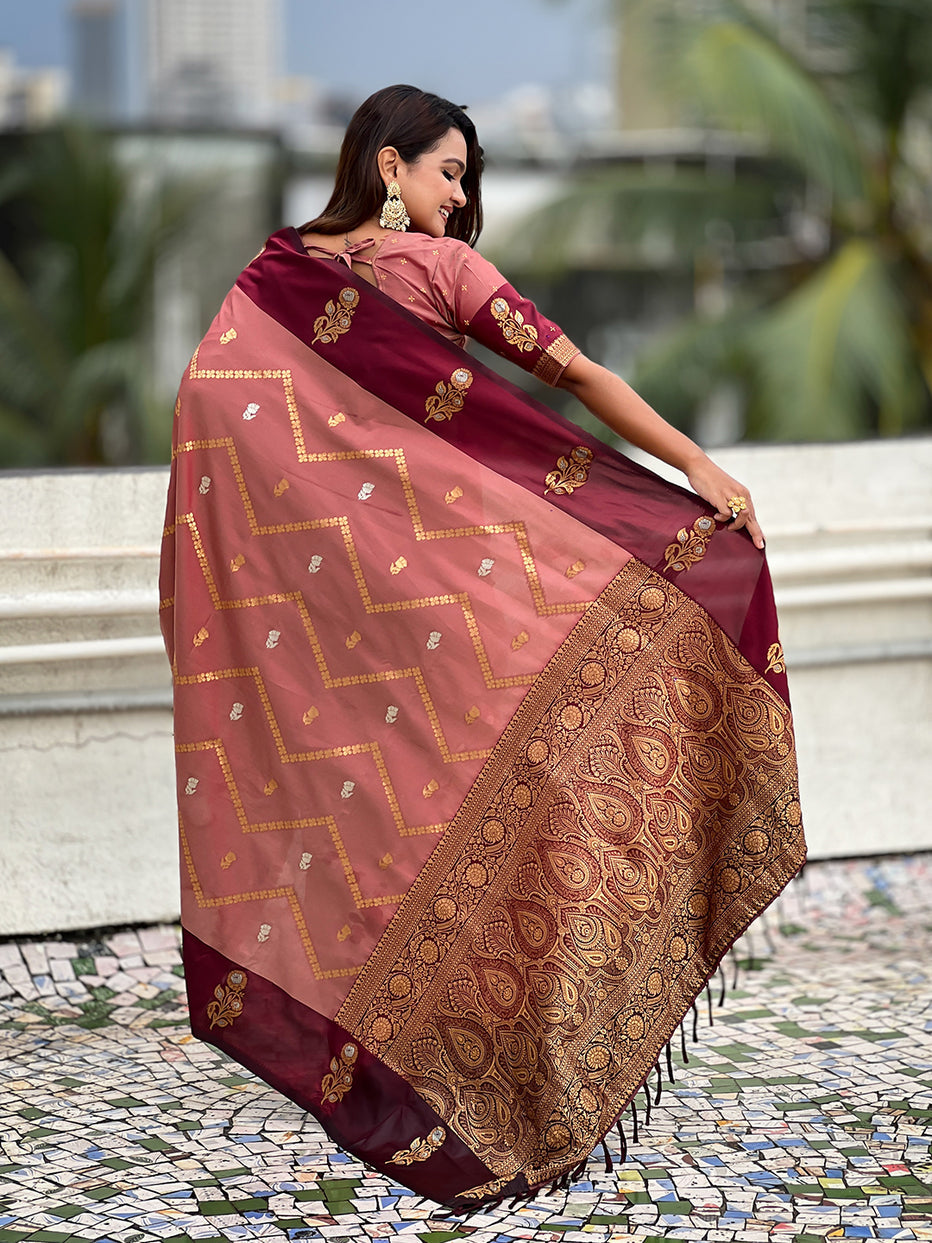 Dusty Pink Soft Silk Dusty Concept Zig Zag Zari Woven Saree Soft Silk Saree Anant Tex Exports Pvt.Ltd..